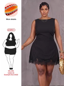 SHEIN CURVE+ Plus Size Women's Black Lace Patchwork Sleeveless Dress, Autumn/Winter - Black - View 1