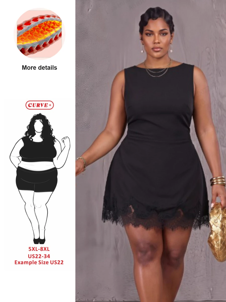 SHEIN CURVE+ Plus Size Women's Black Lace Patchwork Sleeveless Dress, Autumn/Winter - Black - View 1