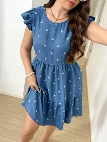 Easowa Curve 大码女式圆领叶子刺绣褶皱休闲派对连衣裙 - 藍色 - 查看 3