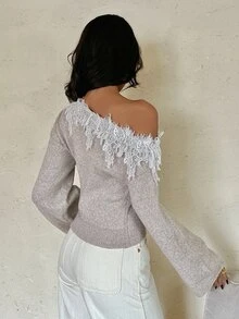 Aloruh 女款優雅休閒通勤秋冬卡其色套頭毛衣披肩上衣，流蘇設計，老錢風純色蕾絲拼接襯衫，辦公室上衣 - 卡其色 - 查看 2