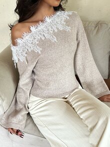 Aloruh 女款優雅休閒通勤秋冬卡其色套頭毛衣披肩上衣，流蘇設計，老錢風純色蕾絲拼接襯衫，辦公室上衣 - 卡其色 - 查看 4