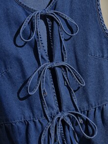 CovetEZ Women's Casual Denim Vest With Tie-Up Bow, Ruffle Hem And Blue Color - Dark Wash - View 4
