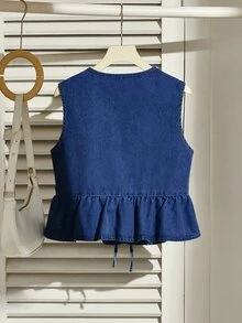 CovetEZ Women's Casual Denim Vest With Tie-Up Bow, Ruffle Hem And Blue Color - Dark Wash - View 3