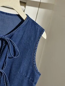 CovetEZ Women's Casual Denim Vest With Tie-Up Bow, Ruffle Hem And Blue Color - Dark Wash - View 5