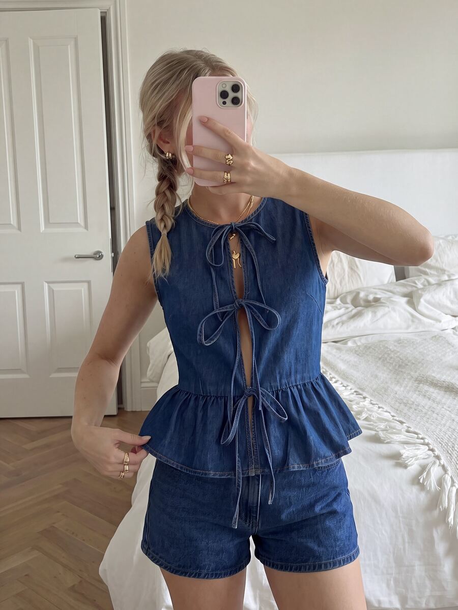 CovetEZ Women's Casual Denim Vest With Tie-Up Bow, Ruffle Hem And Blue Color - Dark Wash - View 1