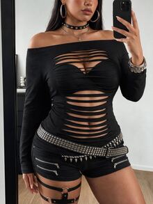POPSWAY Kaos Lengan Panjang Off-Shoulder Seksi dengan Detail Sobek Ukuran Plus - Hitam - View 1