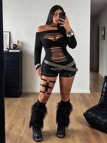 POPSWAY Kaos Lengan Panjang Off-Shoulder Seksi dengan Detail Sobek Ukuran Plus - Hitam - View 5