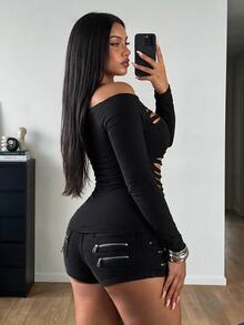 POPSWAY Kaos Lengan Panjang Off-Shoulder Seksi dengan Detail Sobek Ukuran Plus - Hitam - View 2