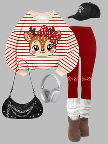 Tween Girl Casual Fleece Lined Soft Loose Crew Neck Sweatshirt And Leggings Set, New Style Suitable For Autumn/Winter Daily Wear, Outings, Holidays - Multicolor - View 4