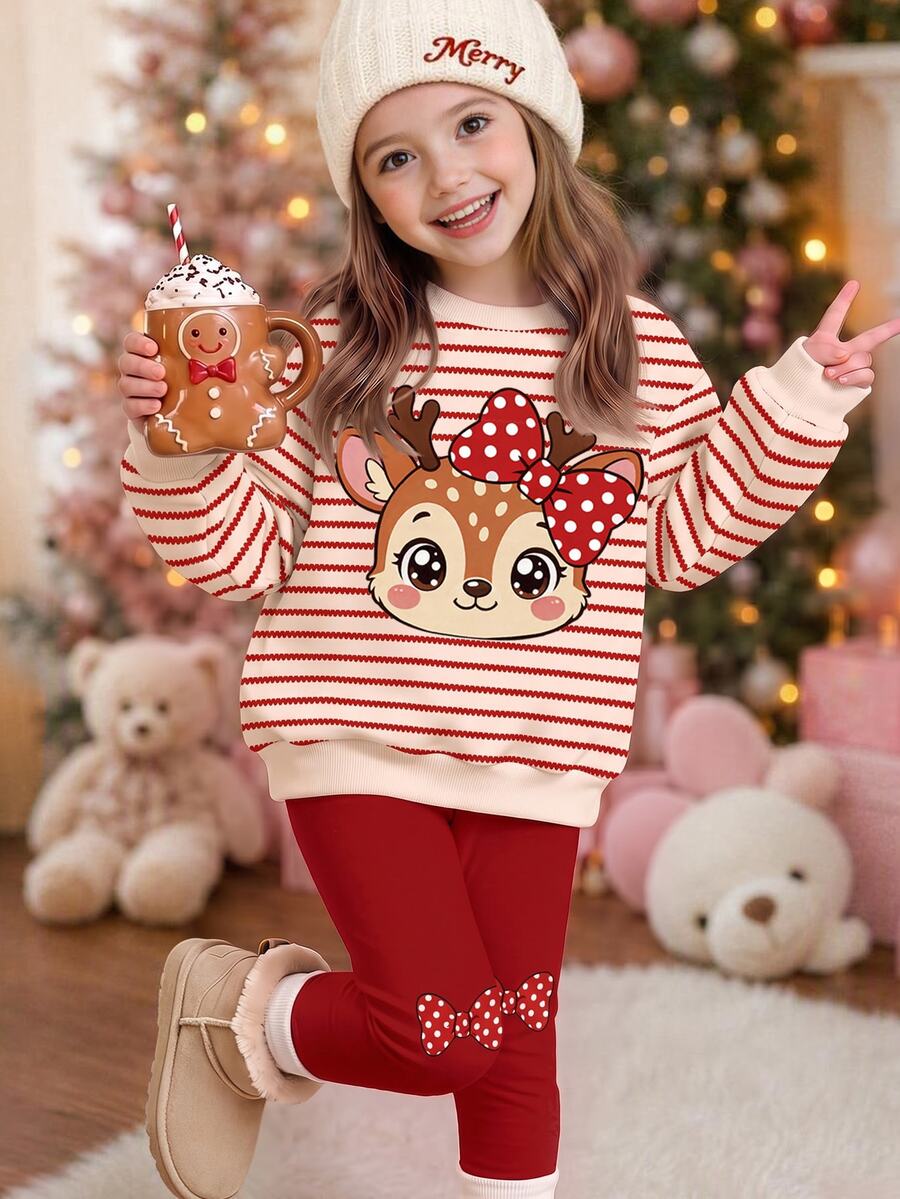 Tween Girl Casual Fleece Lined Soft Loose Crew Neck Sweatshirt And Leggings Set, New Style Suitable For Autumn/Winter Daily Wear, Outings, Holidays - Multicolor - View 1