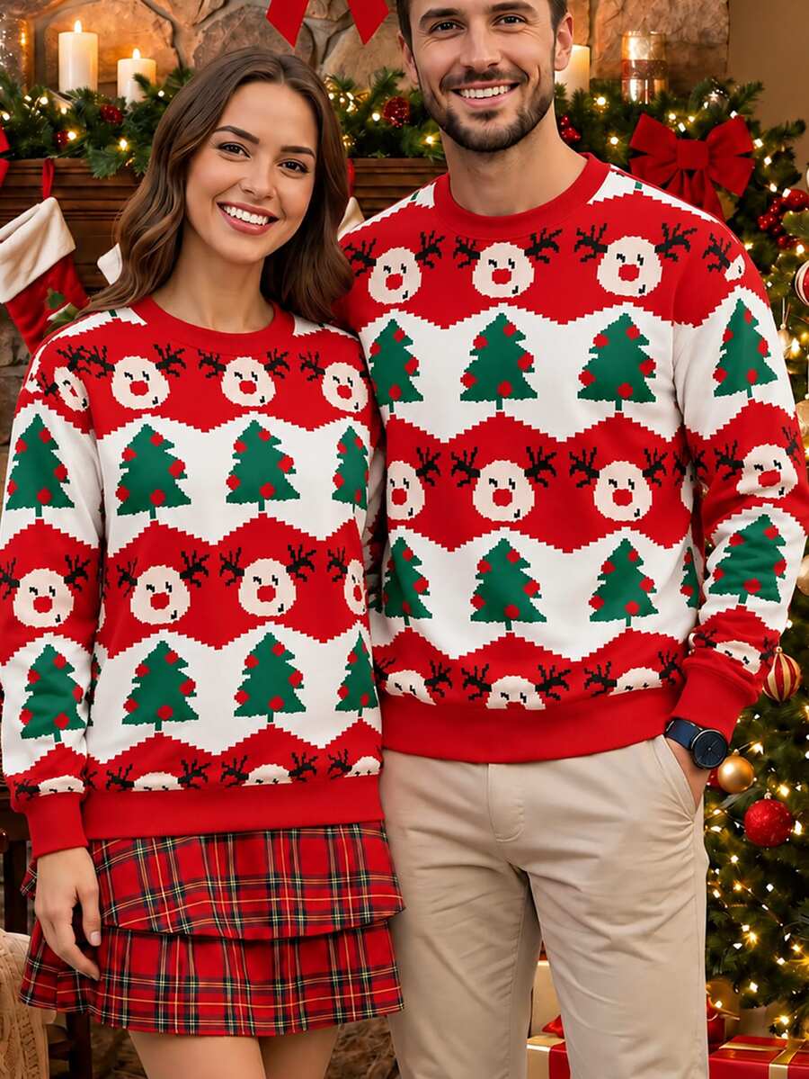 Manfinity Homme Sweatshirt Natal Pria Kerah Bulat, Motif Rusa dan Pohon Natal di Seluruh Permukaan, Sweatshirt Natal Jelek, Atasan Lengan Panjang untuk Pesta Liburan Natal - MultiWarna - View 1