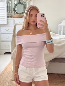 CovetEZ Pink Knitted Off Shoulder Bodycon T-Shirt, Simple & Fashionable Summer Casual Everyday Wear For Women - Pink - View 3
