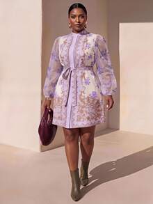 Zivah Lavender Autumn Elegant Tea Party Cocktail Evening Wedding Guest Plus Size Mini Shirt Dress French Palace Style Floral Print Sheer Mesh Lantern Sleeve - Mauve Purple - View 1