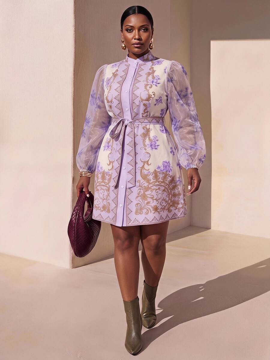 Zivah Lavender Autumn Elegant Tea Party Cocktail Evening Wedding Guest Plus Size Mini Shirt Dress French Palace Style Floral Print Sheer Mesh Lantern Sleeve - Mauve Purple - View 1