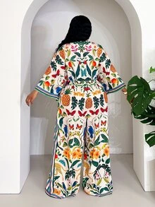 Zivah 女款大尺碼浪漫性感菲律賓風花卉印花繫腰寬鬆連身褲，優雅度假風秋季海灘度假米色 - 彩色 - 查看 8
