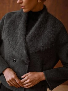 MOTF PREMIUM WOMEN'S SOLID COLOR LARGE LAPEL LONG SLEEVE DOUBLE-BREASTED ELEGANT WOOL COAT - Grey - View 5