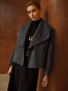 MOTF PREMIUM WOMEN'S SOLID COLOR LARGE LAPEL LONG SLEEVE DOUBLE-BREASTED ELEGANT WOOL COAT - Grey - View 4