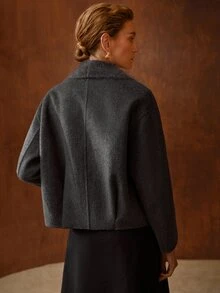 MOTF PREMIUM WOMEN'S SOLID COLOR LARGE LAPEL LONG SLEEVE DOUBLE-BREASTED ELEGANT WOOL COAT - Grey - View 3