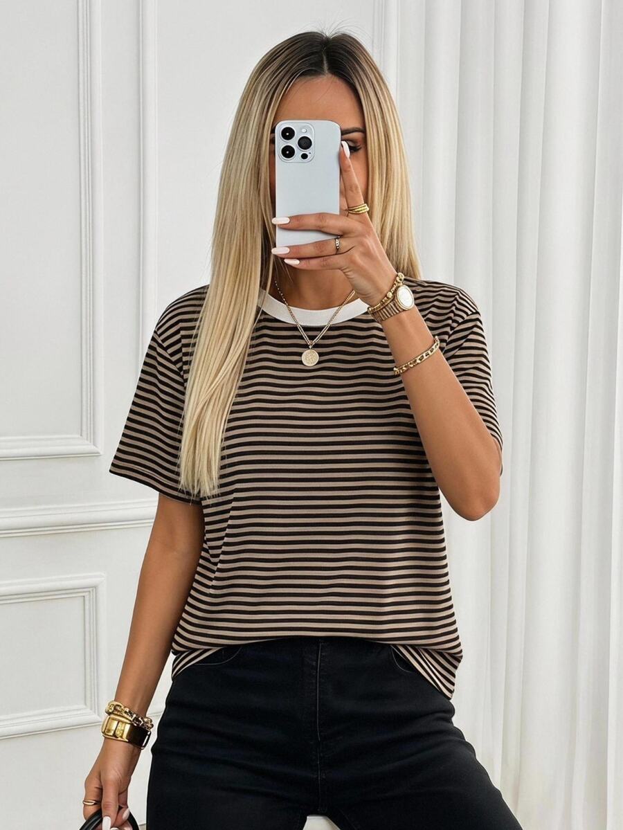 Easowa Women's Simple Casual Basic Striped T-Shirt With Contrast Collar - Multicolor - View 1