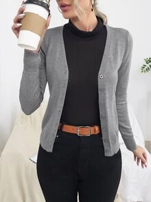 Easowa 女款素色長袖單排扣休閒基礎針織開襟衫，秋冬辦公商務深灰色冬季衣物 - 灰色 - 查看 3