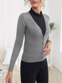 Easowa 女款素色長袖單排扣休閒基礎針織開襟衫，秋冬辦公商務深灰色冬季衣物 - 灰色 - 查看 4