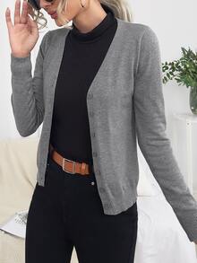 Easowa 女款素色長袖單排扣休閒基礎針織開襟衫，秋冬辦公商務深灰色冬季衣物 - 灰色 - 查看 5