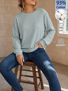 SHEIN LUNE 素色羅紋舒適圓領長袖休閒日常穿著秋冬女款T恤居家日常 - 綠色 - 查看 6