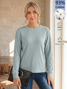 SHEIN LUNE 素色羅紋舒適圓領長袖休閒日常穿著秋冬女款T恤居家日常 - 綠色 - 查看 5