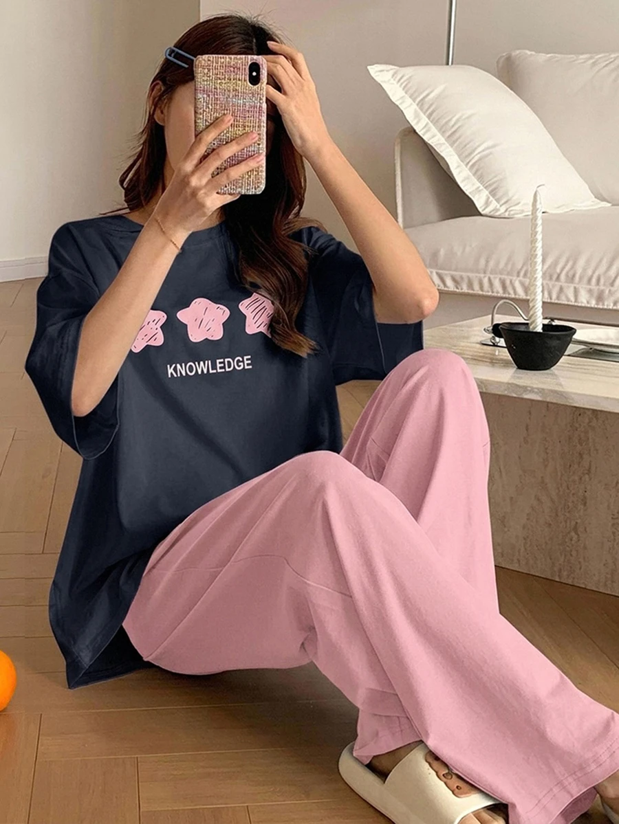DAZY Women's Minimalist Star Print Loose Short Sleeve Top & Long Pants 2 Pieces Loungewear Set - Navy Blue - View 1