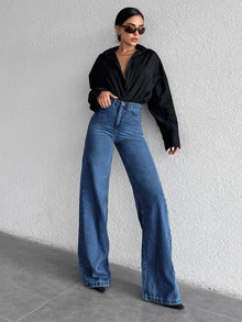 SHEIN Tall Quần jean denim nữ thường ngày đi du lịch có túi và cúc - Rửa tối - Xem 3
