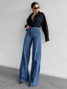 SHEIN Tall Quần jean denim nữ thường ngày đi du lịch có túi và cúc - Rửa tối - Xem 5