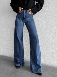 SHEIN Tall Quần jean denim nữ thường ngày đi du lịch có túi và cúc - Rửa tối - Xem 6