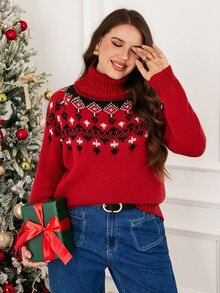 SHEIN LUNE كنزة صوفية فضفاضة بنقشة جاكار وياقة عالية وأكمام طويلة للمقاسات الكبيرة ملابس حفلات - الأحمر - مشاهدة 5