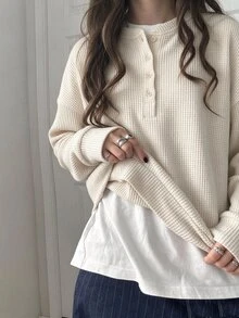 FRIFUL 女款純色圓領前開鈕扣落肩長袖寬鬆休閒套頭運動衫，秋冬款 - 米色 - 查看 3