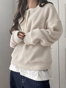 FRIFUL 女款純色圓領前開鈕扣落肩長袖寬鬆休閒套頭運動衫，秋冬款 - 米色 - 查看 2