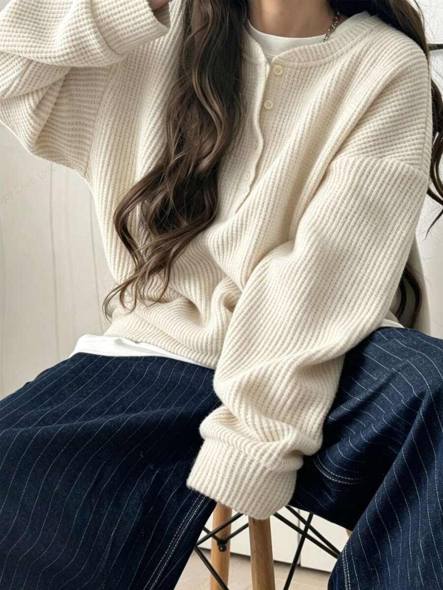 FRIFUL 女款純色圓領前開鈕扣落肩長袖寬鬆休閒套頭運動衫,秋冬款 - 米色 - 查看 1