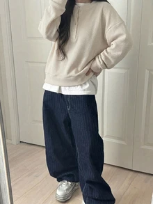 FRIFUL 女款純色圓領前開鈕扣落肩長袖寬鬆休閒套頭運動衫，秋冬款 - 米色 - 查看 4