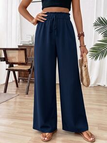 SHEIN Women's Solid Color Frill Trim Waist Tie Wide Leg Loose Long Pants - Navy Blue - View 6