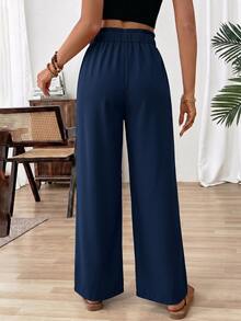 SHEIN Women's Solid Color Frill Trim Waist Tie Wide Leg Loose Long Pants - Navy Blue - View 2