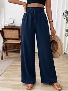 SHEIN Women's Solid Color Frill Trim Waist Tie Wide Leg Loose Long Pants - Navy Blue - View 4
