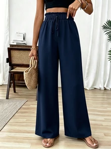 SHEIN Women's Solid Color Frill Trim Waist Tie Wide Leg Loose Long Pants - Navy Blue - View 3
