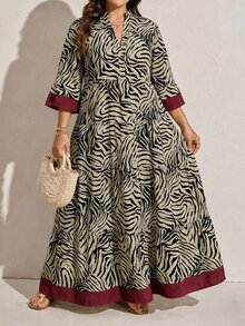 Comfylo Plus Size Women's Colorblock Notch V-Neck Casual Boho Elegant Party Morning Brunch Formal Vacation Dress Fall Beige - Multicolor - View 2