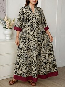 Comfylo Plus Size Women's Colorblock Notch V-Neck Casual Boho Elegant Party Morning Brunch Formal Vacation Dress Fall Beige - Multicolor - View 9