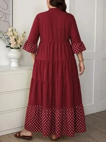 Comfylo Plus Size Elegant Boho Casual Matching Burgundy Print Button Pleated Dress Fall Going Out Vacation - Burgundy - View 2