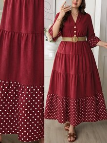 Comfylo Plus Size Elegant Boho Casual Matching Burgundy Print Button Pleated Dress Fall Going Out Vacation - Burgundy - View 5