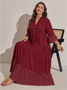 Comfylo Plus Size Elegant Boho Casual Matching Burgundy Print Button Pleated Dress Fall Going Out Vacation - Burgundy - View 1