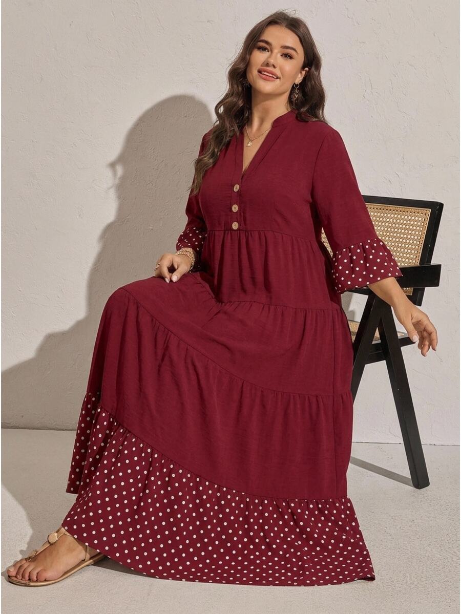 Comfylo Plus Size Elegant Boho Casual Matching Burgundy Print Button Pleated Dress Fall Going Out Vacation - Burgundy - View 1