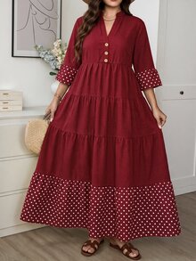 Comfylo Plus Size Elegant Boho Casual Matching Burgundy Print Button Pleated Dress Fall Going Out Vacation - Burgundy - View 6