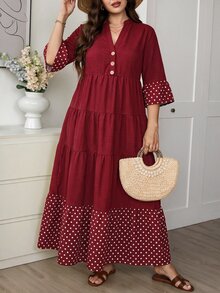 Comfylo Plus Size Elegant Boho Casual Matching Burgundy Print Button Pleated Dress Fall Going Out Vacation - Burgundy - View 8
