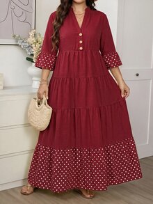 Comfylo Plus Size Elegant Boho Casual Matching Burgundy Print Button Pleated Dress Fall Going Out Vacation - Burgundy - View 7
